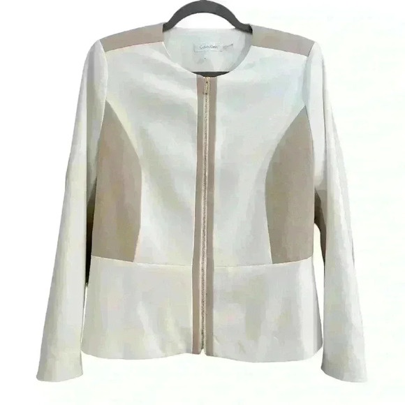 Calvin Klein Cream and White Blazer with Gold Dual Zipper, Size 8, Medium - Picture 1 of 8